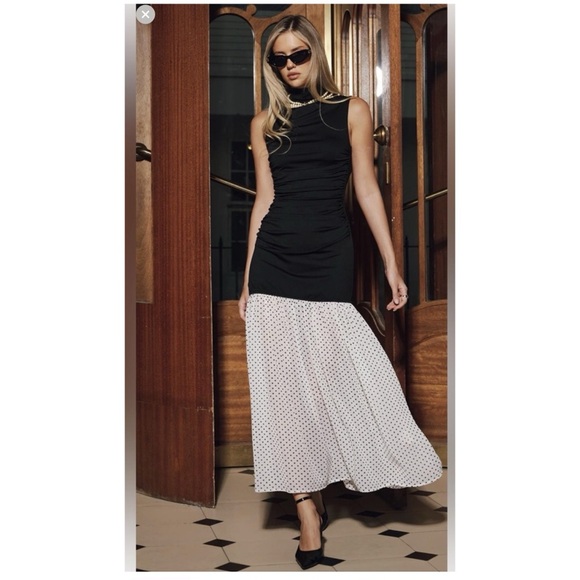 Commense Dresses & Skirts - Commense Black Mock Neck Midi Dress Polka Dot Hem Elegant Event Dress NWT Small